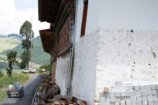 Workers on a Truck in Temple in Bhutan