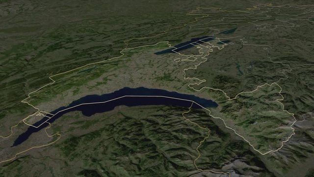 Vaud, canton with its capital, zoomed and extruded on the satellite map of Switzerland in the conformal Stereographic projection. Animation 3D