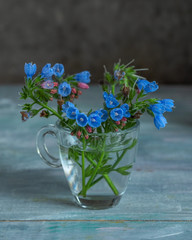 Modest bouquet of wild blue flowers in a glass mug on a wooden table
