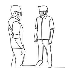 Two men wearing surgical mask while meet each other. Continuous single line vector illustration 