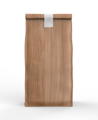 Blank wooden texture Craft Brown Paper Bag Packaging For coffee beans, dry fruits and other food items. 3d render illustration.