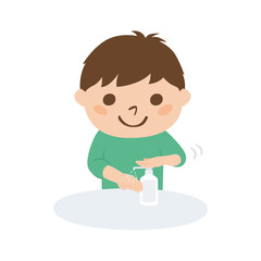 スプレータイプの除菌用アルコールで手を消毒している男性のイラスト。