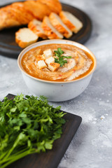 zucchini cream soup with crackers served in deep plate 