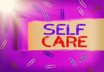 Text sign showing Self Care. Business photo text the practice of taking action to improve one s is...