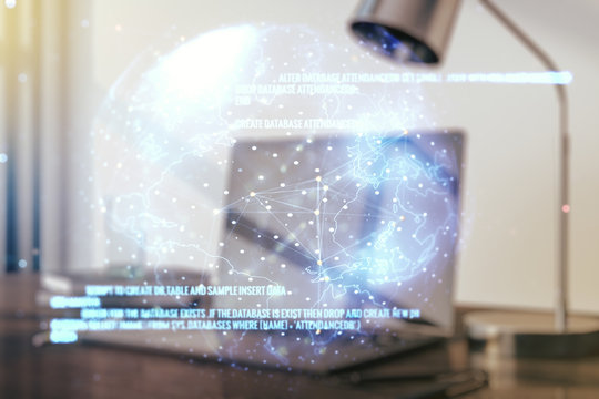 Multi exposure of abstract creative coding sketch with world map on modern laptop background, artificial intelligence and neural networks concept