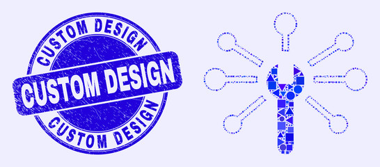 Geometric wrench links mosaic icon and Custom Design seal stamp. Blue vector rounded scratched seal stamp with Custom Design title. Abstract mosaic of wrench links organized of spheric, tringle,