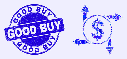 Geometric dollar emission mosaic pictogram and Good Buy seal stamp. Blue vector rounded grunge seal stamp with Good Buy text. Abstract mosaic of dollar emission created of round, triangles,