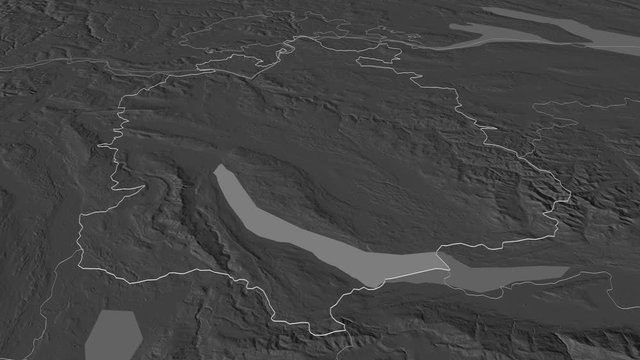 Z&uuml;rich, canton with its capital, zoomed and extruded on the bilevel map of Switzerland in the conformal Stereographic projection. Animation 3D