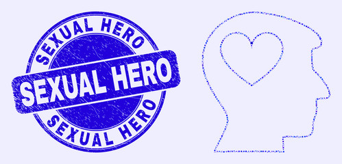 Geometric lovely heart man head mosaic pictogram and Sexual Hero seal stamp. Blue vector round grunge stamp with Sexual Hero title. Abstract concept of lovely heart man head composed of round,