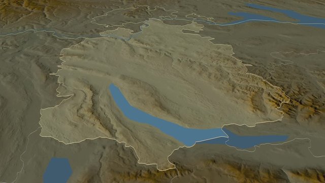 Z&uuml;rich, canton with its capital, zoomed and extruded on the relief map of Switzerland in the conformal Stereographic projection. Animation 3D
