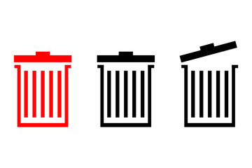 Trash bin flat line icon collection consisting of open, close and full trash bin.