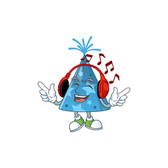 Cartoon drawing design of blue party hat listening to the music with headset