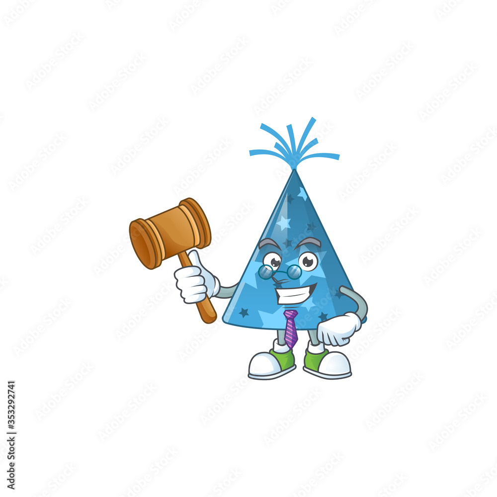 Poster A wise Judge blue party hat cartoon mascot design wearing glasses