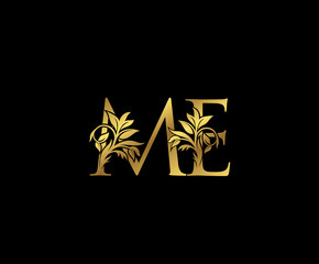 Golden M, E and ME Letter Floral logo. Vintage drawn emblem for book design, Letter Stamp, weeding card, brand name, business card, Restaurant, Boutique, Hotel.