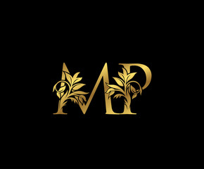 Golden M, P and MP Letter Floral logo. Vintage drawn emblem for book design, Letter Stamp, weeding card, brand name, business card, Restaurant, Boutique, Hotel.