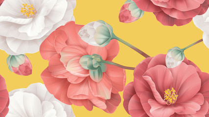 Floral seamless pattern, white and red Semi-double Camellia flowers on yellow