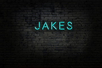 Neon sign with inscription jakes against brick wall - obrazy, fototapety, plakaty