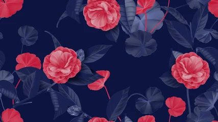 Muurstickers Floral seamless pattern, Semi-double Camellia flowers with various leaves in red and purple on purple © momosama