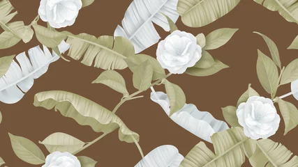 Behangcirkel Floral seamless pattern, Semi-double Camellia flowers with various leaves in green and white on brown © momosama