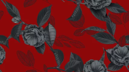 Muurstickers Floral seamless pattern, Semi-double Camellia flowers with various leaves in black on red © momosama