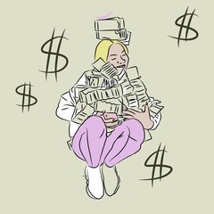 A blonde girl is holding a bunch of papers on a light green background