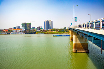 A beautiful view of  friendship bridge at Phnom Penh, Cambodia.