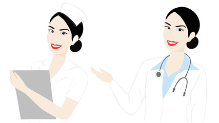 Beautiful smiling doctor and nurse woman vector illustration. Medical people concept background