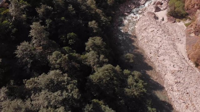 Aerial drone view of Lachen river, Sikkim, India.