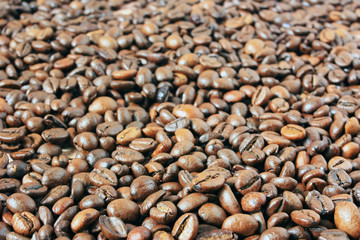 Coffee beans lie in bulk