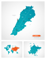 Editable template of map of Lebanon with marks. Lebanon on world map and on Asia map.