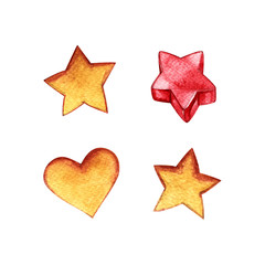 Set of colored watercolor  stars isolated on white. Watercolor stars icon set. Perfect for web design.
