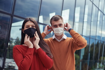 business team with protective medical mask