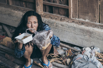 poor people,homeless or beggar begging for help sitting at dirty slum.concept for poverty...