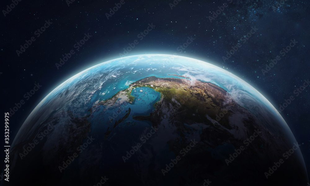 Poster earth planet in space. blue marble. orbit and deep space on background. elements of this image furni