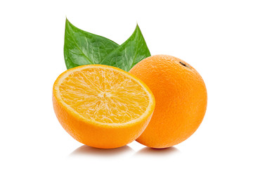 Natural orange fruit with cut in half and green leaves isolated on white background.