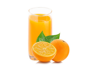 Fresh orange juice with fruits, isolated on white background