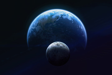 Earth and Moon on dark background. Globe of planet and satellite. Elements of this image furnished by NASA