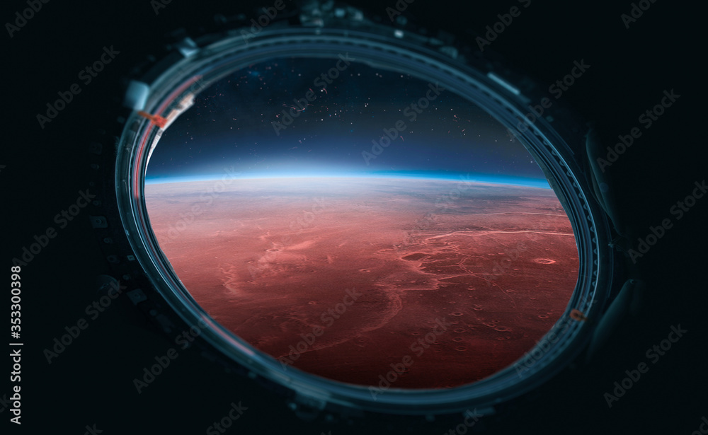 Poster Orbit of planet Mars. View from porthole of spaceship. Expedition and colonization of Mars. Deep space. Elements of this image furnished by NASA
