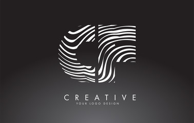CF C F Letters Logo Design with Fingerprint, black and white wood or Zebra texture on a Black Background.