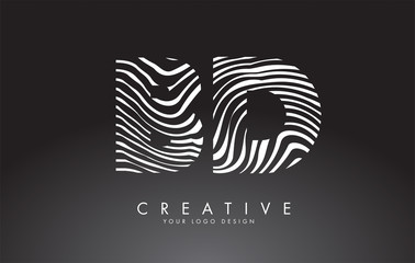 BD B D Letters Logo Design with Fingerprint, black and white wood or Zebra texture on a Black Background.