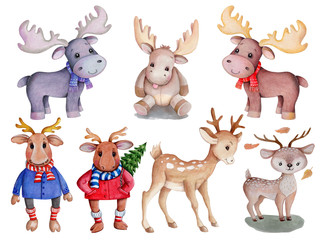 Set of deers. Watercolor hand drawn illustrations, isolated on white background. 