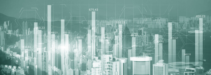 Obraz na płótnie Canvas Green Financial graph diagram trading investment business intelligence concept website panoramic header double exposure modern city view.
