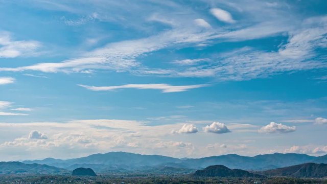 LR Pan time lapse of mountains in northern Thailand with beautiful clouds moving in blue sky. Landscape, nature, weather and environment concept.