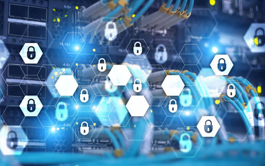Server rack room digital security data protection concept.