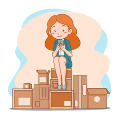 Cartoon illustration of business woman shopping online with mobile phone, sitting on pile of mail boxes.