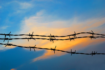 silhouette barbed wire on sunset background