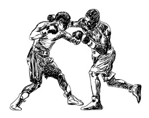 Boxing. Boxers fight duel Isolated on a white background. Black and white graphics. Vector illustration
