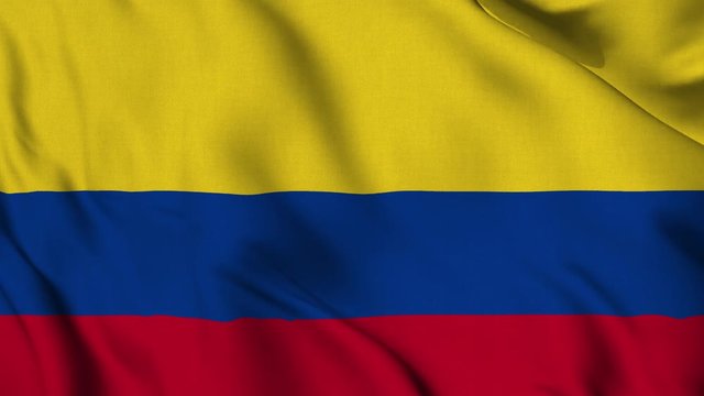 Colombia national flag waving with fabric texture fluttering in wind in a seamless loop in smooth slowmotion animation background