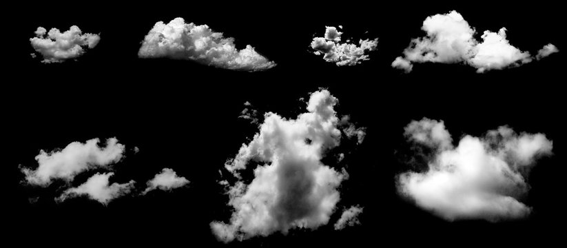 Collection of abstract white clouds isolated on black background. Royalty high-quality free stock photo image set of isolated cloud on black background. Textured smoke,brush effect