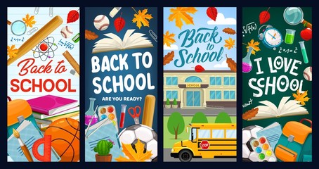 Back to school, student books and chalkboard vector banners. Back to school education items, chemistry test, pen, pencil and eraser stationery, school bus and football ball, backpack and autumn leaf